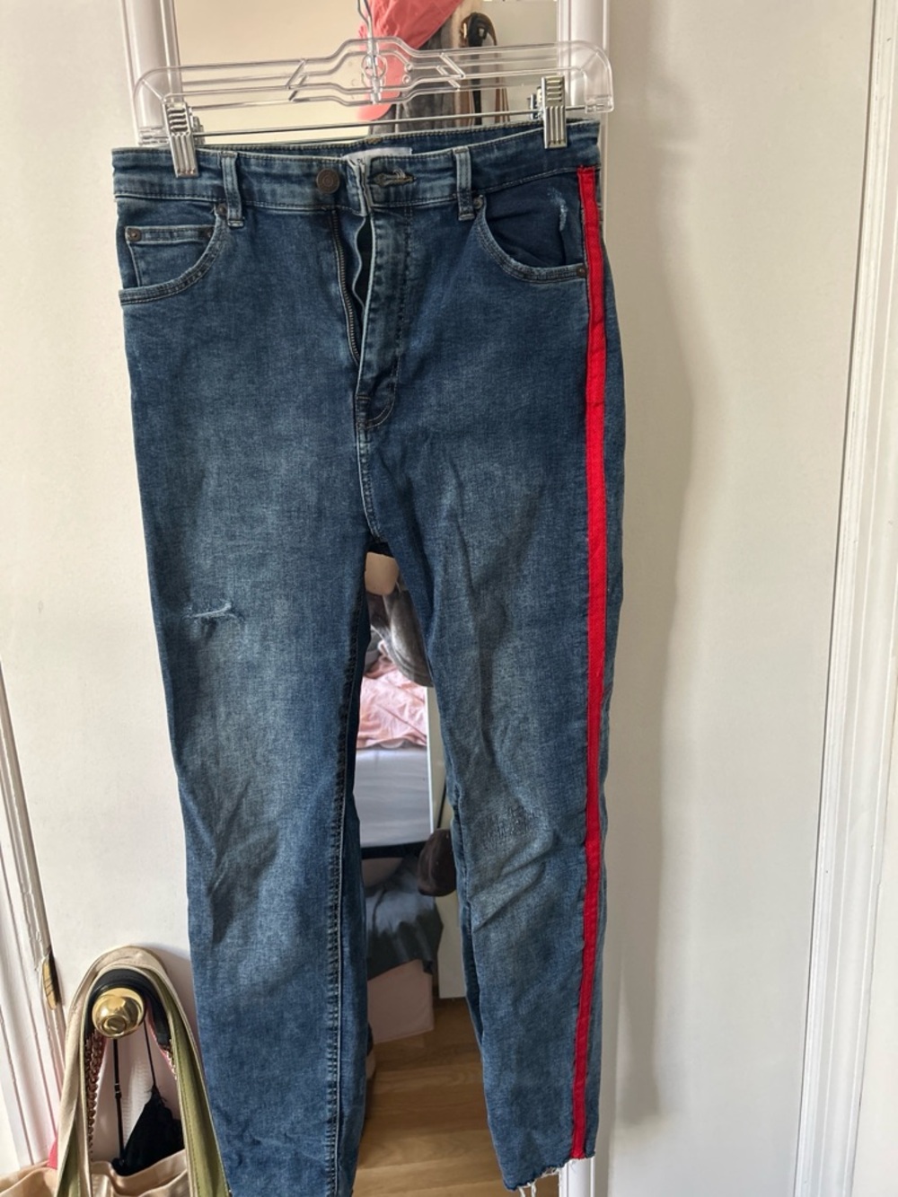 Pull&Bear High-Rise Blue Jeans with Red Side Stripe